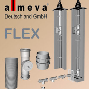 Almeva FLEX plieninė dūmtraukio sistema – lankstūs ir standūs moduliniai elementai su logotipu