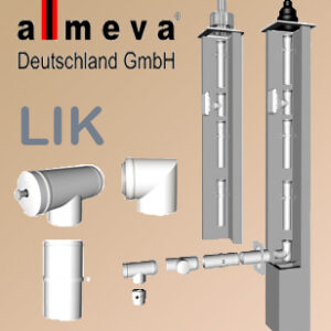 Almeva LIK dūmtraukio sistema – plieniniai moduliniai elementai su prijungimais ir logotipu