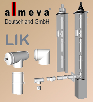 Almeva LIK dūmtraukio sistema – plieniniai moduliniai elementai su prijungimais ir logotipu