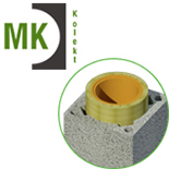 MK KOLEKT logotipas su keramikinio įdėklo ir blokelio kamine vaizdu